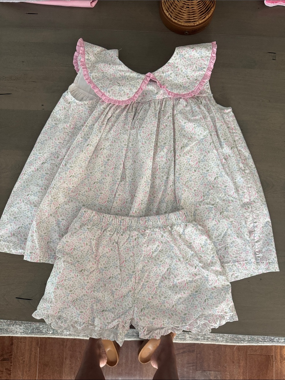 Girls Pink Floral Ruffle Collar Short Set - Two-Piece